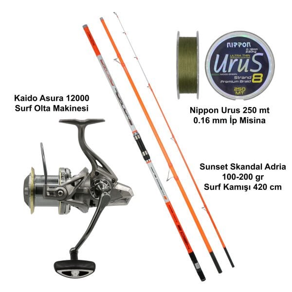 Sunset Skandal Adria 420 100-200 gr Surf Kamışı + Kaido Asura 12000 Olta Seti